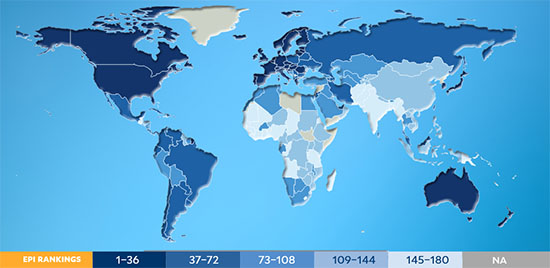 Screenshot from EPI report cover showing global world map with country rankings